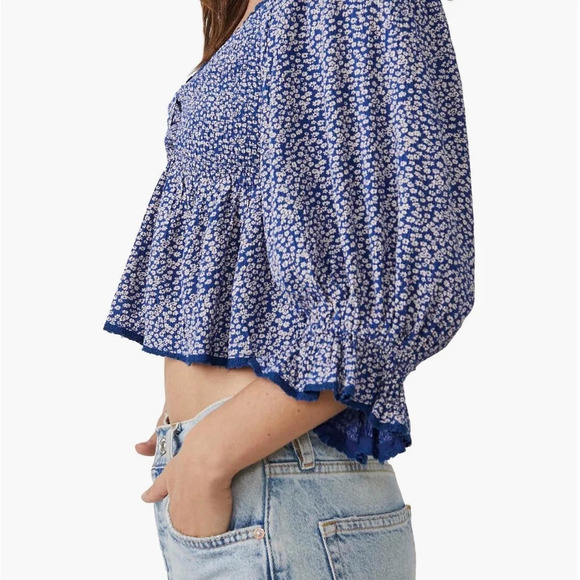 Free People Brittnee Print Smocked Back Peplum Top Size L - Picture 3 of 13